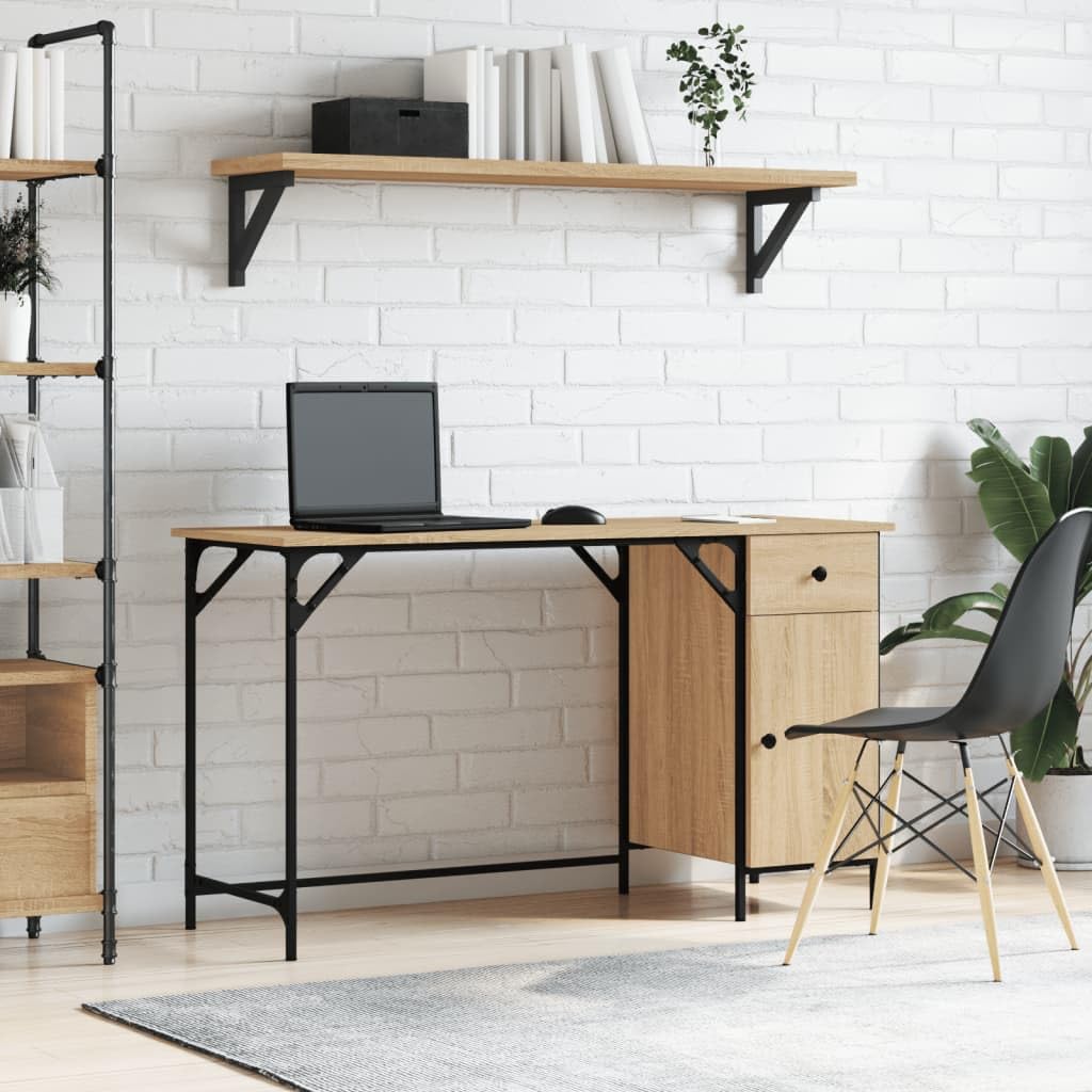 Scrivania per computer in rovere Sonoma, 131 x 48 x 75 cm, in legno con telaio in metallo, ampio spazio di archiviazione, ergonomica, per ufficio, casa e cameretta dei bambini, salvaspazio e