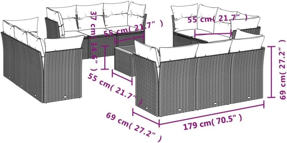 13 Piece Patio Sofa Set with Cushions Gray Poly Rattan Outdoor Lounge Set Garden Seating Ensemble for Deck Backyard