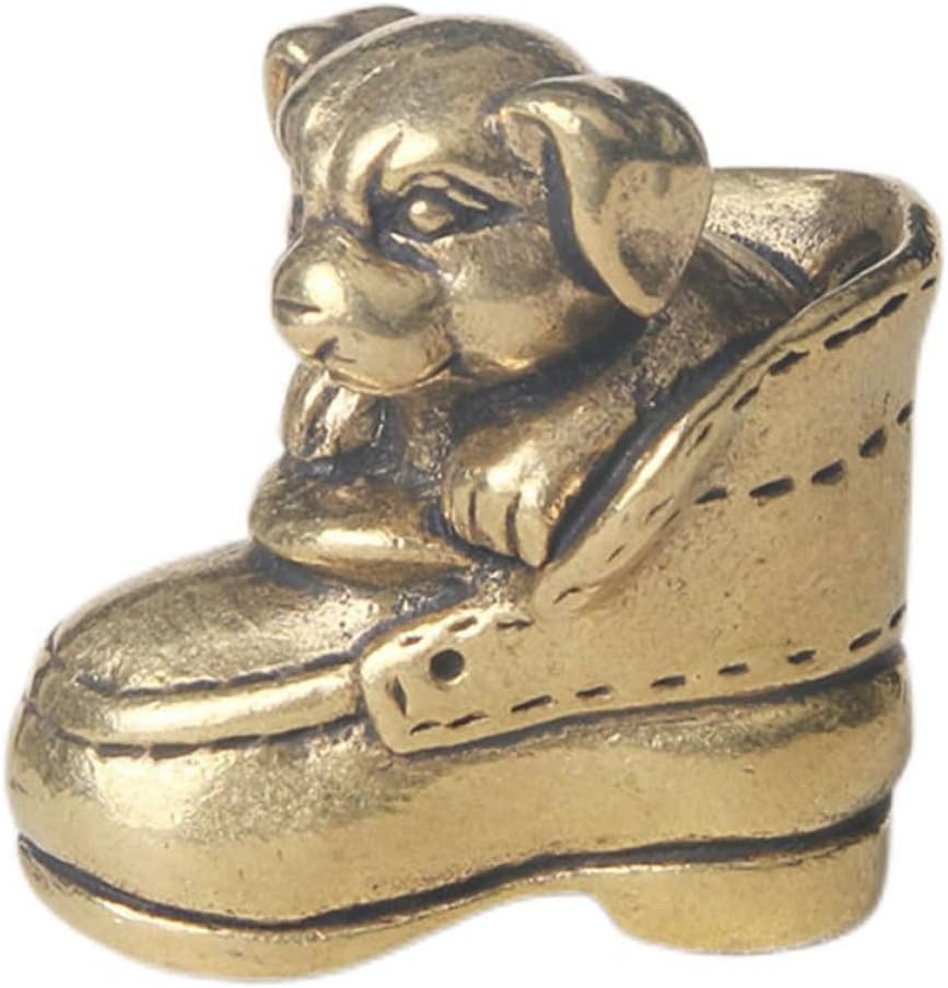 HOMSFOU Vintage Brass Dog in The Shoe Ornament, Retro Desktop Puppy Statue Copper Sculpture for Office Home Decoration, Small Dog Modeling Figurine for Living Room and Study