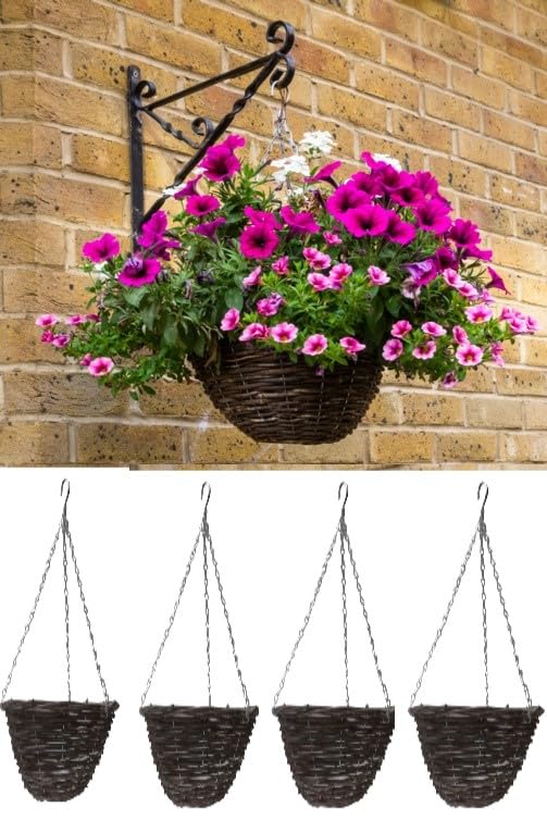 Garden Haven® 14" Garden Rattan Round Hanging Basket SET OF 4 Outdoor Hanging Planter Plants Wicker Hanging Basket with hanging chain Natural Weave Rustic 35cm diameter x 17cm deep with plastic liner