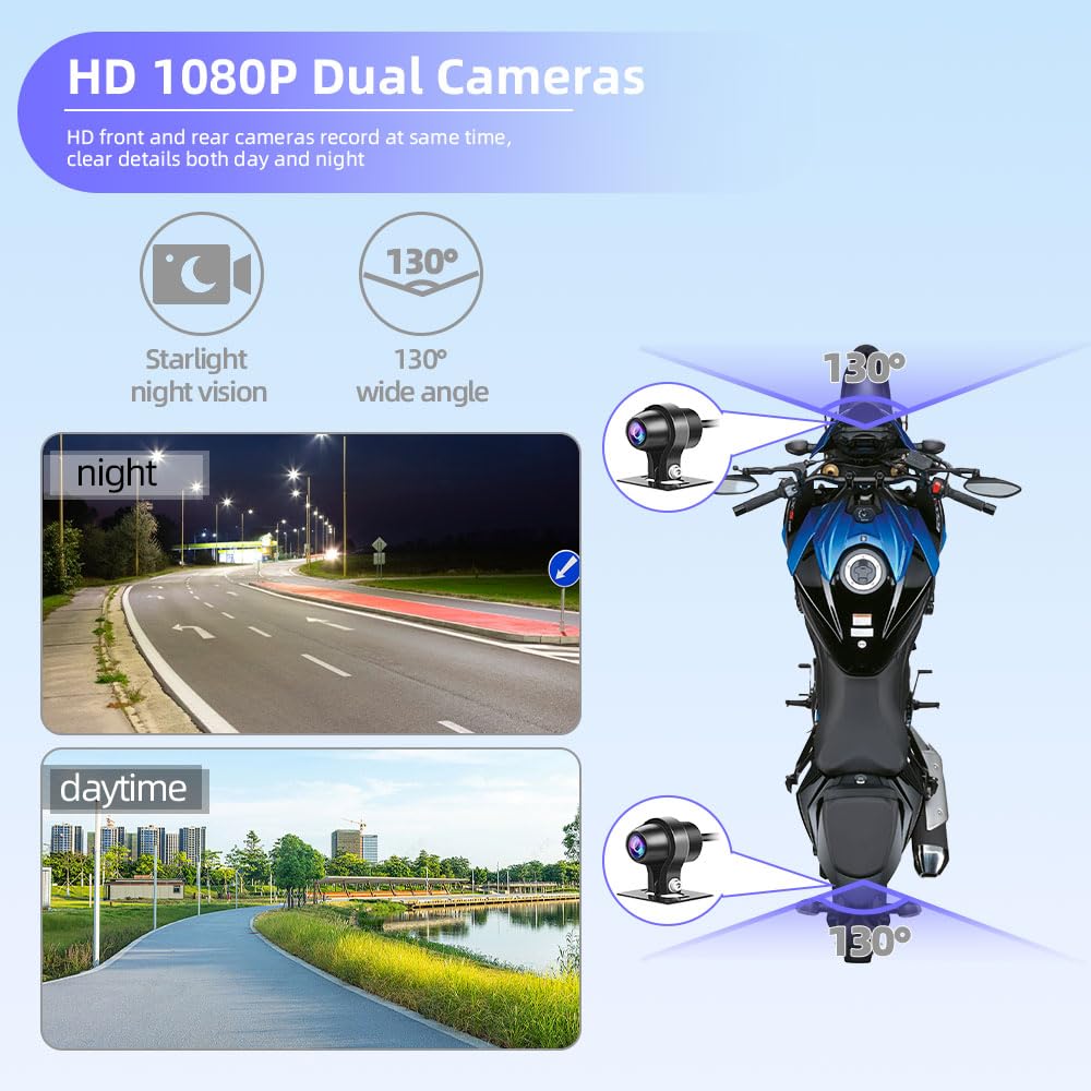 VSYSTO Moto Dash cam, 5G WiFi téléchargement vidéo haute vitesse, contrôleur de câble OLED, étanche starlight nuit vision HD 1080P avant et arrière caméra, affichage de la température
