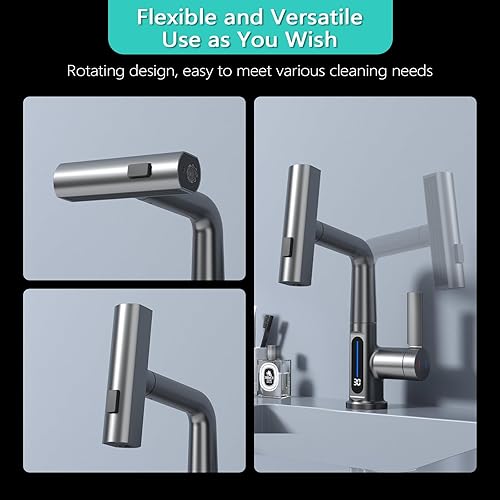 Miniatura 9 de BARROCK Grifos de baño en cascada con rociador extraíble, moderno grifo de fregadero de baño extraíble con pantalla digital de temperatura, grifo