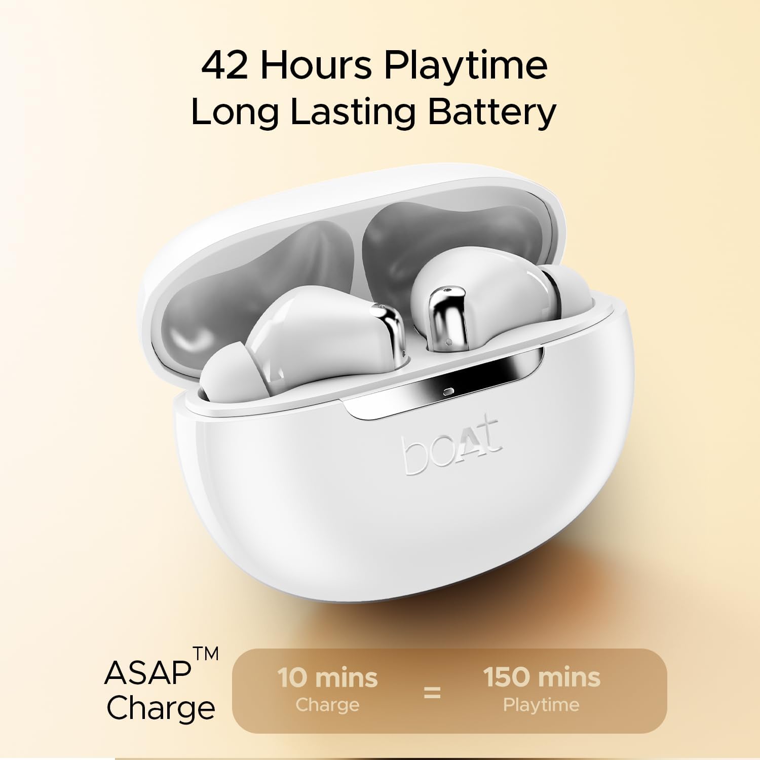 Airdopes 141 ANC charging case open, showing earbuds and text '42 Hours Playtime' and 'ASAP Charge: 10 mins charge = 150 mins playtime'