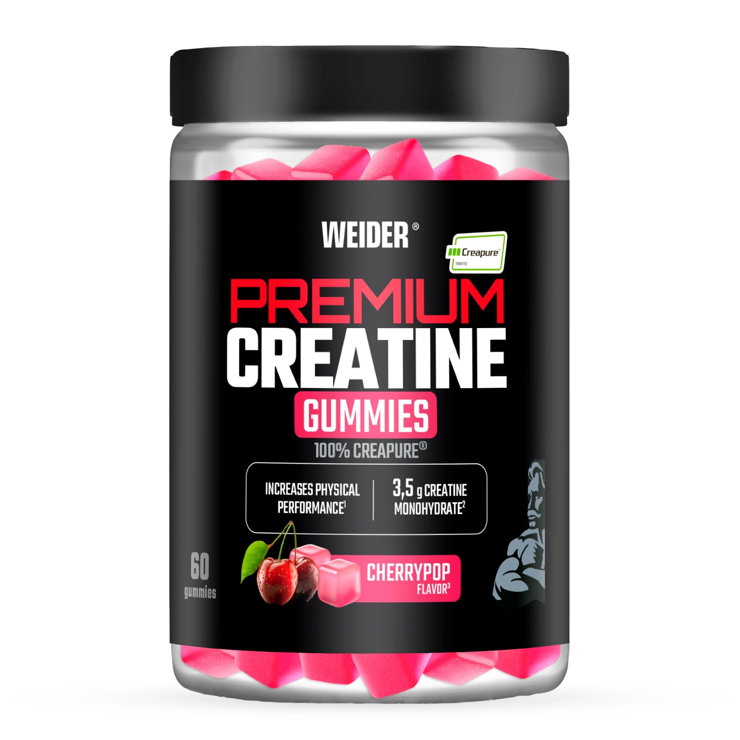 Weider Premium Creatine Gummies (60 gommes) Cherry Pop Flavour, with 3,5g Creatine Monohydrate 100% Creapure/dose, Helps to Increase Physical Performance (20 Servings)