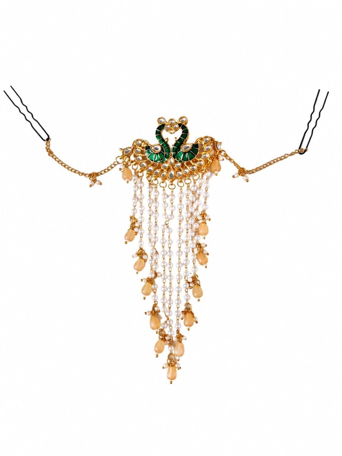 Peacock Kundan Hair Brooch for Women, Pearl Tassel Bridal Hair Accessory, Gold Tone Juda Pin with Chains, Indian Wedding Hair Jewelry for Bride, Festive & Party Hair Ornament-picture-20