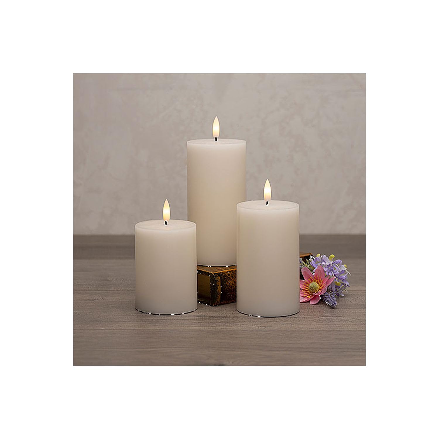 Gerson Company Set of 3 B/O Straight Edge Ivory Wax Pillar Candles W/Ww Led 6