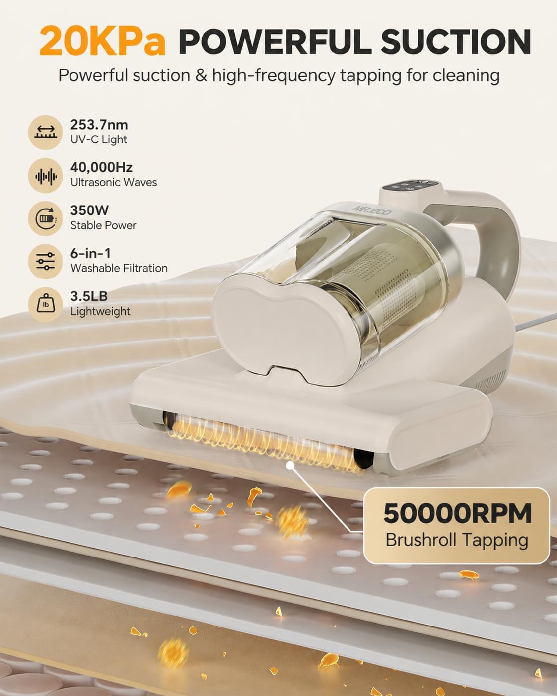 Mr.ego Mattress Vacuum Cleaner, 20000Pa Bed Vacuum with 253.7nm UV-C Light