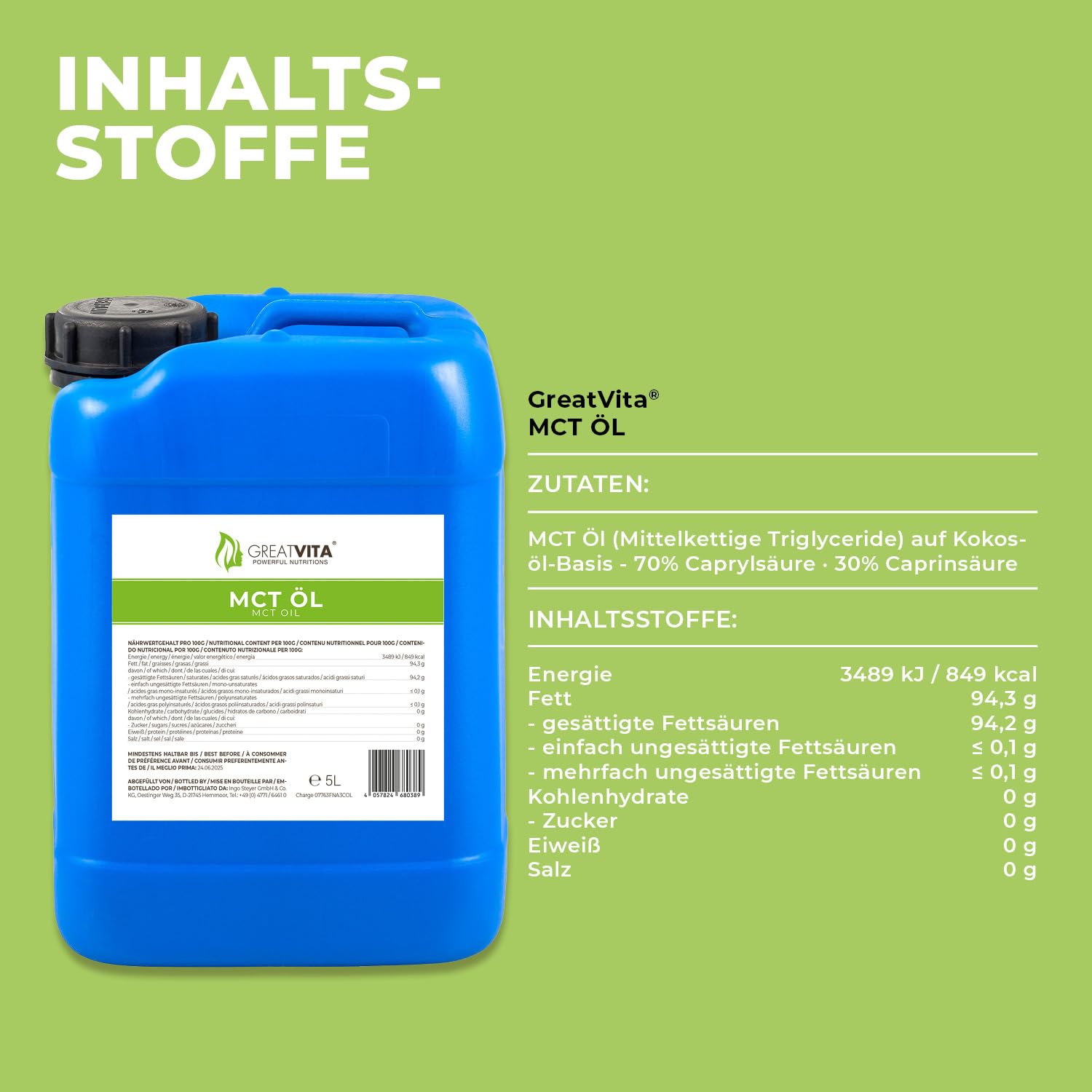 GreatVita MCT Öl auf Kokosölbasis 5000 ml Kanister | 70% Caprylsäure (C8) & 30% Caprinsäure (C10) Fettsäuren | 100% reines MCT Oil geschmacksneutral, zuckerfrei, GVO-frei