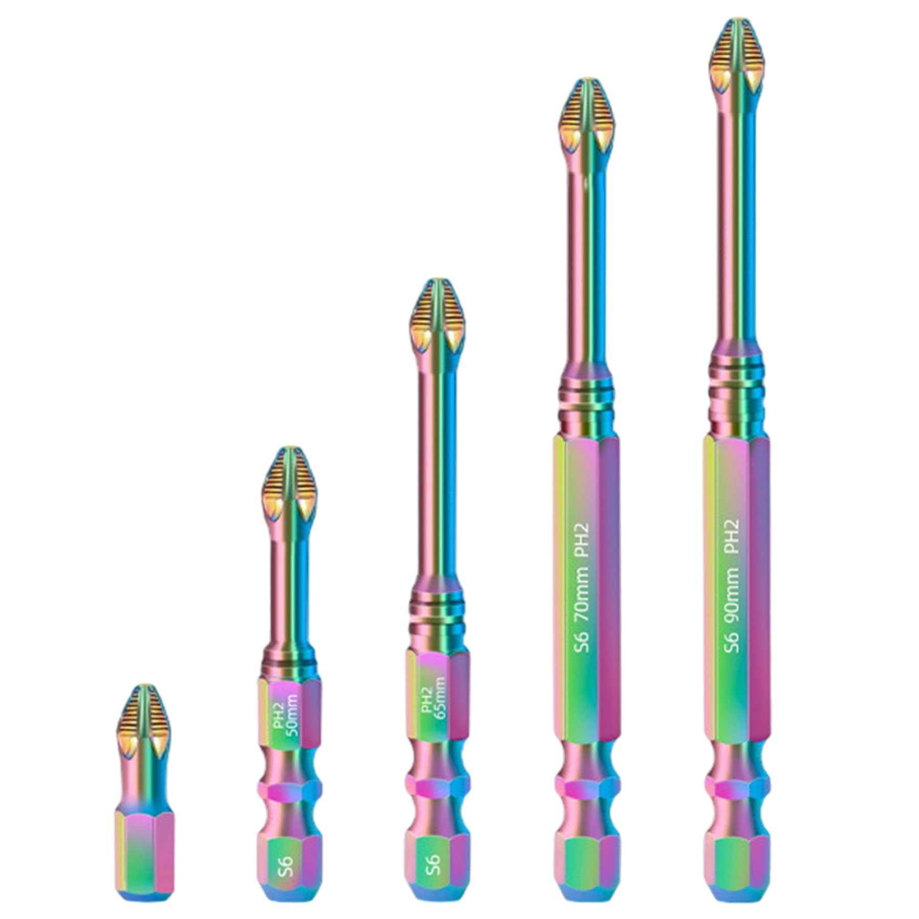 Screwdriver Bit Set(5Pcs), S6 Color Titanium Anti-Slip Teeth Drill Bit Set, Magnetic Long Drill Tips, 25+50+65+70+90mm Bits Magnetic Screwdriver Bits