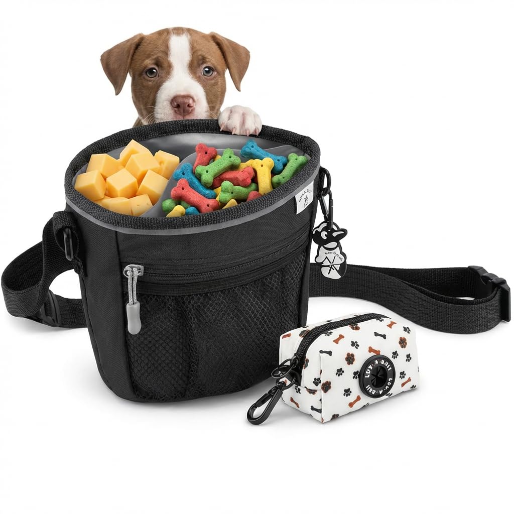 Small Size Dog Clip-On Treat Pouch, Magnetic Close, 2 Compartment Divided Vinyl Interior, 1 1/2 Cup Total 3/4 Each Side, Treat Training & Walking Bag, Poop Bag & Waste Clip, Hand Free- Black 5x5
