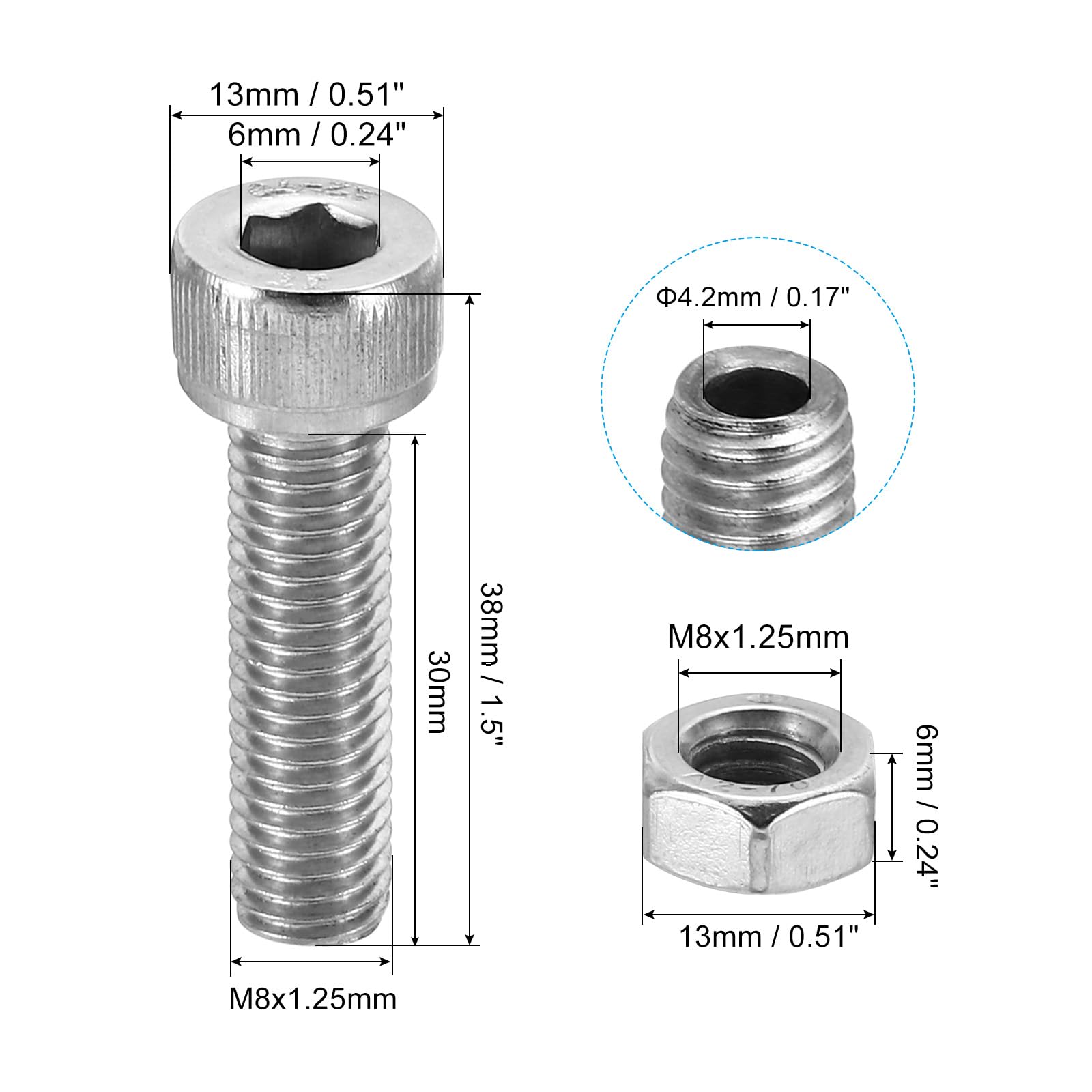 PATIKIL M8x30mm 304 Stainless Steel Hollow Bolt - Image 2