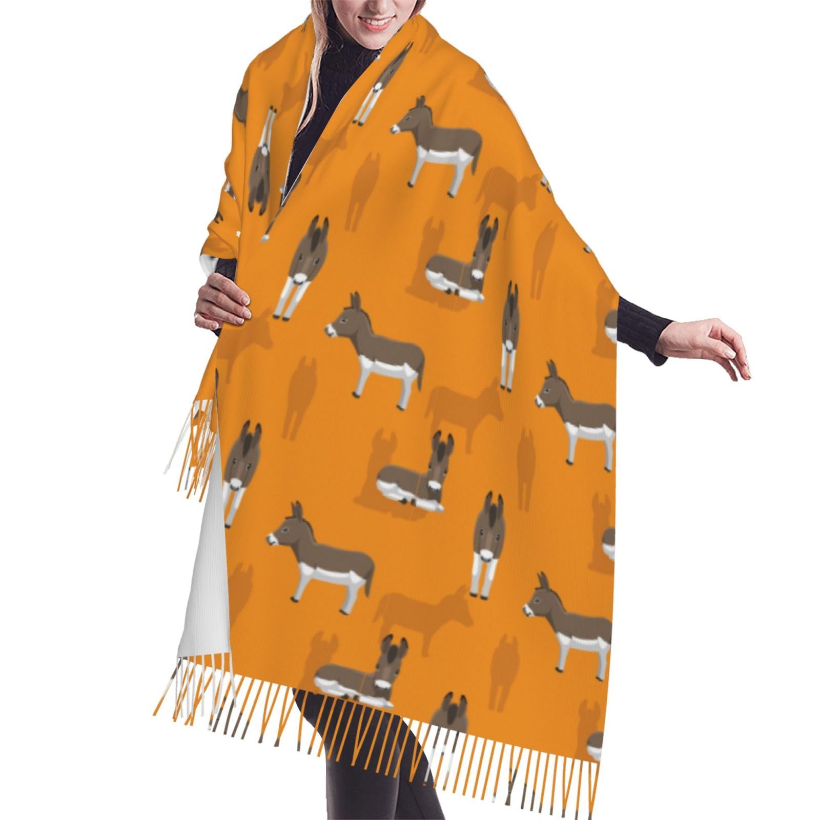 Butxet Unisex As Picture Fringed Scarf Funny Cartoon Donkey Pattern Soft Blanket Scarf Long Warm Shawl Wraps Cashmere Fringe Scarfs 196X68 Cm
