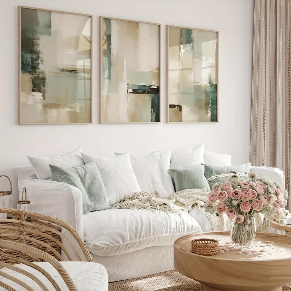 Gosrd Frameless Abstract Prints Feature Sage Green And Beige Artwork, Simple Wall Art Neutral Tone Decoration(60X90cm-3Pcs)