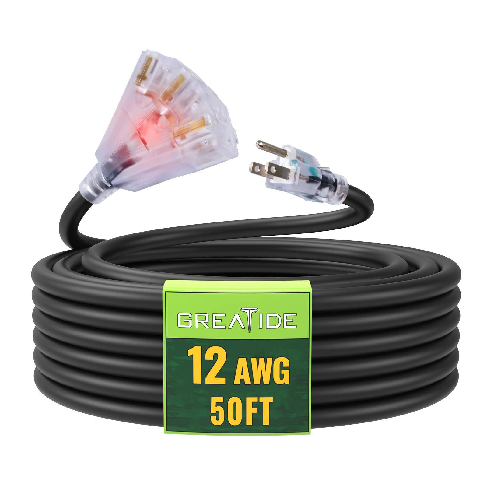 GREATIDE 50 Ft Lighted Outdoor Extension Cord with 3 Outlets