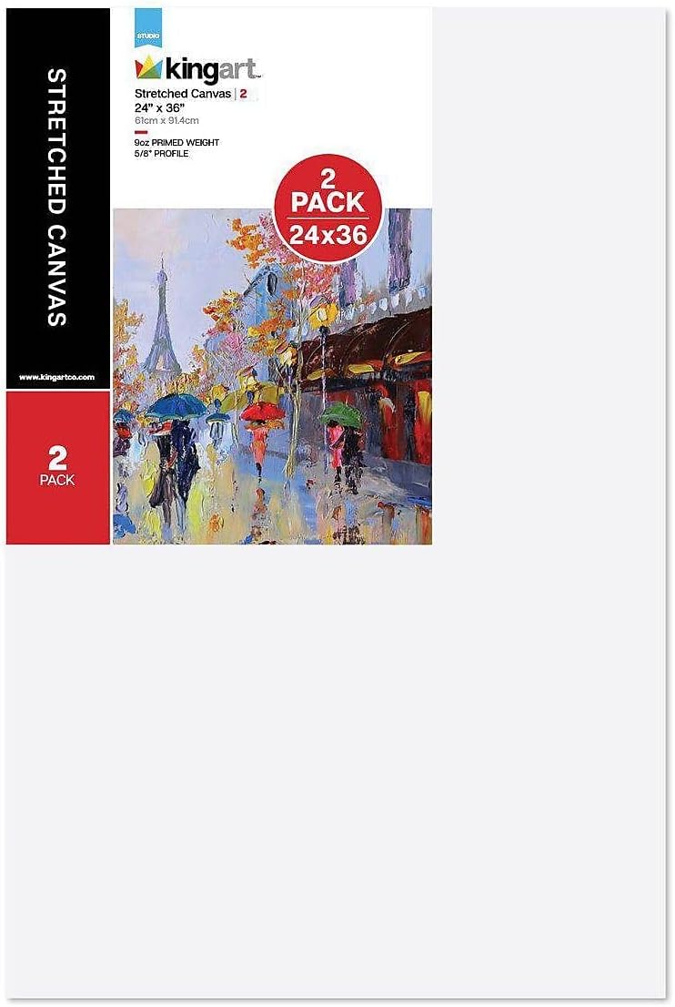 KINGART 810-2 Large White 24" x 36" Stretched Artist Canvas, Pack of 2, Gesso Primed - 100% Cotton Rectangular Canvases, 5/8" Profile, Art Supplies for Oil and Acrylic Painting