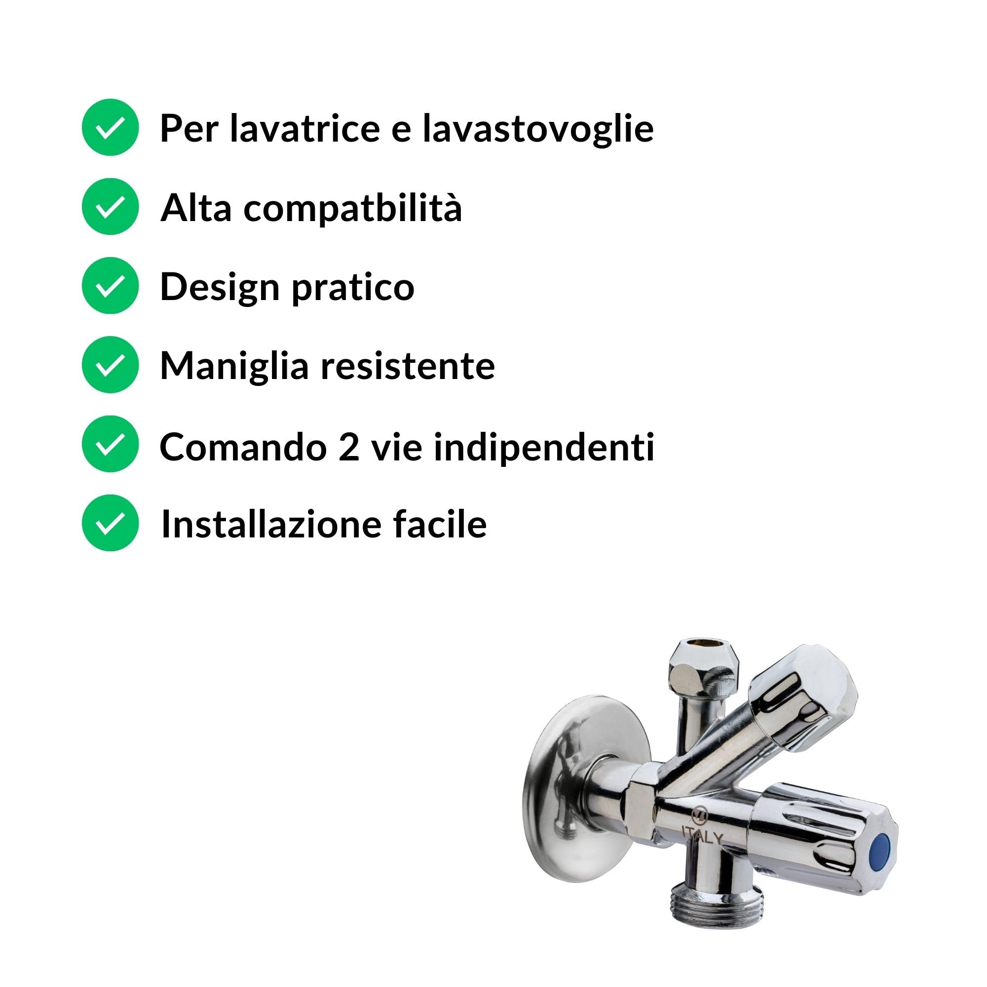 Rubinetto doppio attacco per lavatrice e lavastoviglie | Attacco 1/2" x 3/4" x 10 | Rubinetto doppio comando 2 vie | uso domestico per lavatrice e lavastoviglie - 3