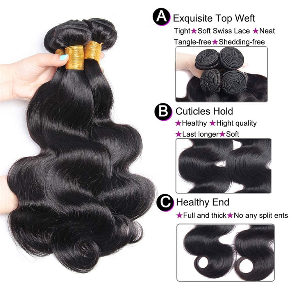 Brazilian Virgin Body Wave Human Hair 12 14 16Inch Bundles 100% Unprocessed Body Wave Human Hair 3 Bundles Double Weft Human Hair Weave Natural Black Color (body wave bundles/new) - Image 2