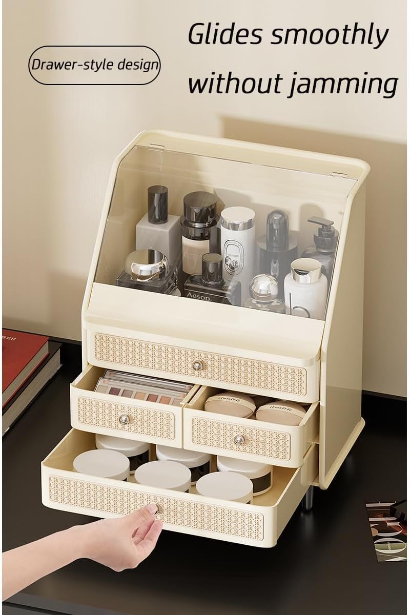 Large Cosmetic Storage Box Dustproof And Waterproof. Display Case with Drawers Countertop Vanity Organizer for Skincare, Lipsticks, Perfume – Bathroom Cosmetic Storage Display Box (White)