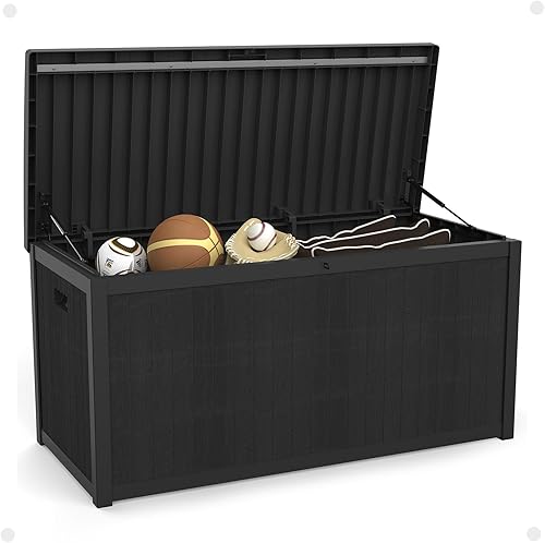 DEXSO Caja pequeña para cubierta de 113 galones, caja de almacenamiento al aire libre para cojines de patio, fundas de sofá, herramientas de