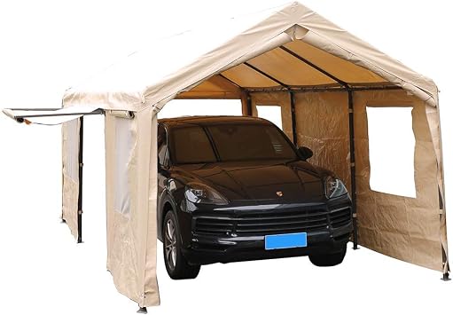 SORARA Carport 10 x 20 ft Heavy Duty Canopy Garage Car Shelter with Windows and Sidewalls, Beige