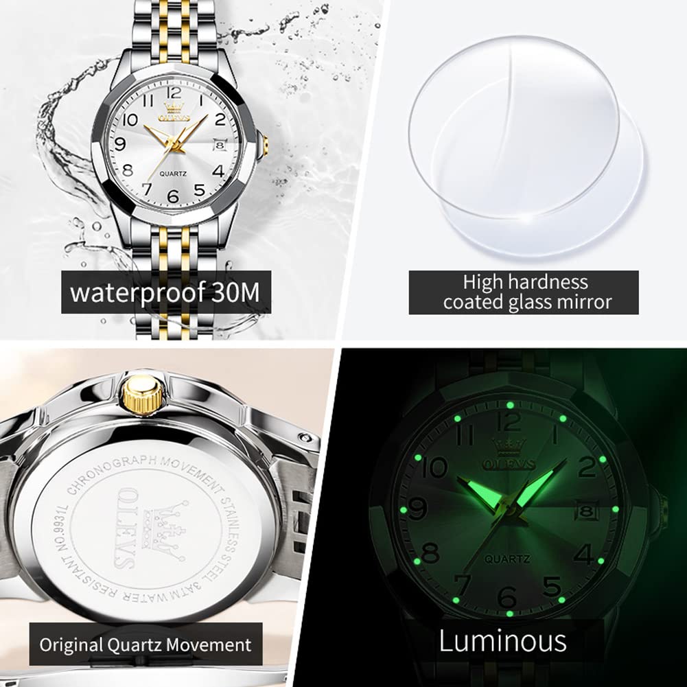OLEVS Reloj de Pulsera para Mujer, con Diamantes de imitación, analógico, de Cuarzo, Acero Inoxidable, Impermeable, Luminoso, día, Fecha, Dos Tonos
