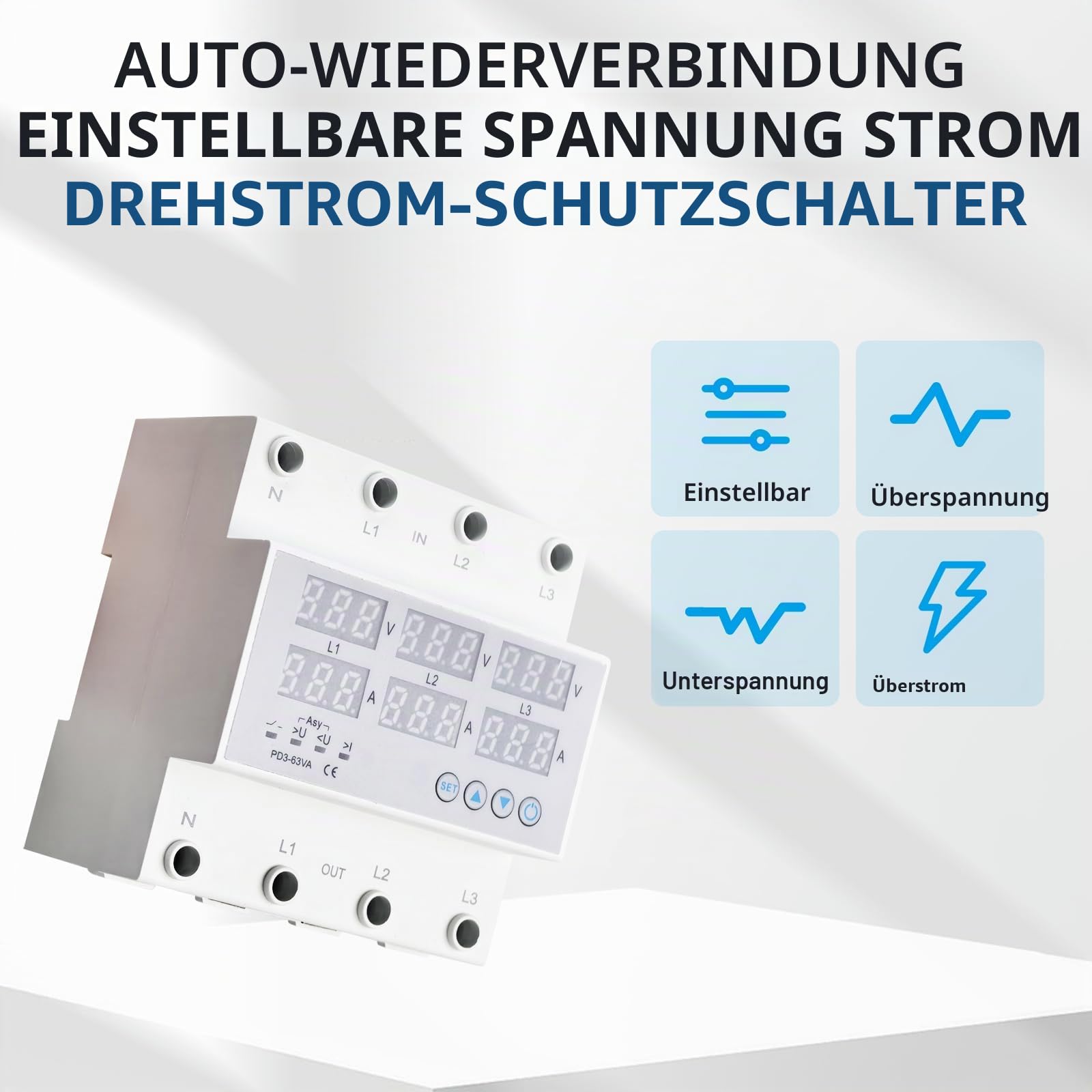 3 Phasen DIN Schienen Voltmeter, Digitales Spannungsüberwachungs Sequenzrelais Stromzähler AC 80-300V 63A, Amperemeter Hutschiene Überspannungs Überstromschutz Automatische Rückstellung Digitalanzeige