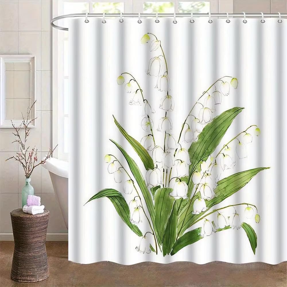 Duschvorhang mit Haken, Aquarell, Maiglöckchen, Weiß 220x210cm/Breite x Höhe Duschvorhang aus Stoff, Elegantes Blumendesign