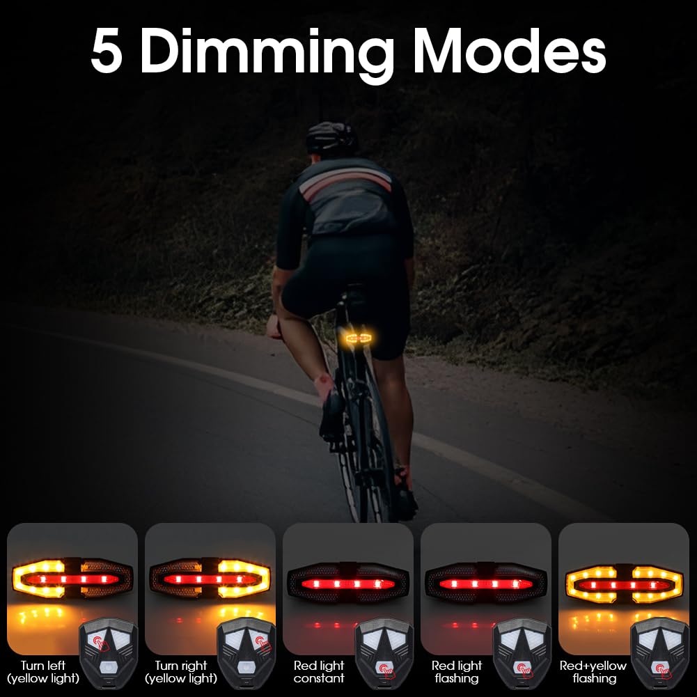 Feu Arrière de Vélo avec Clignotant, Indicateur de Vélo à Distance sans Fil Rechargeable USB Feux Arrière 5 Modes Feu Arrière de Vélo Étanche pour Stroboscope d'Avertissement de Casque de Cyclisme