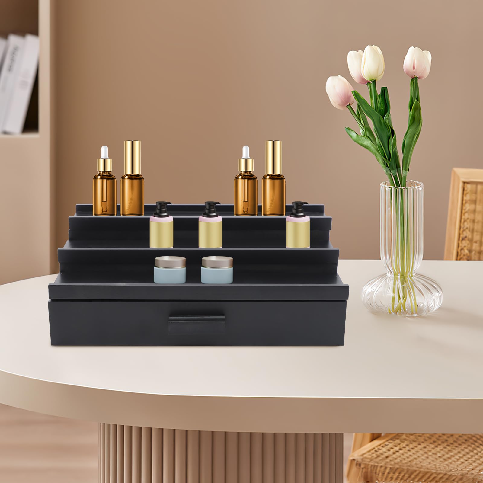 Organizer na perfumy, 3 poziomy, drewniany, regał na perfumy z szufladą | Uchwyt organizera, stojak z ukrytą przegródką, 32 x 21,84 x 10,41 cm, regał wystawowy na perfumy, figurki, lakier do paznokci