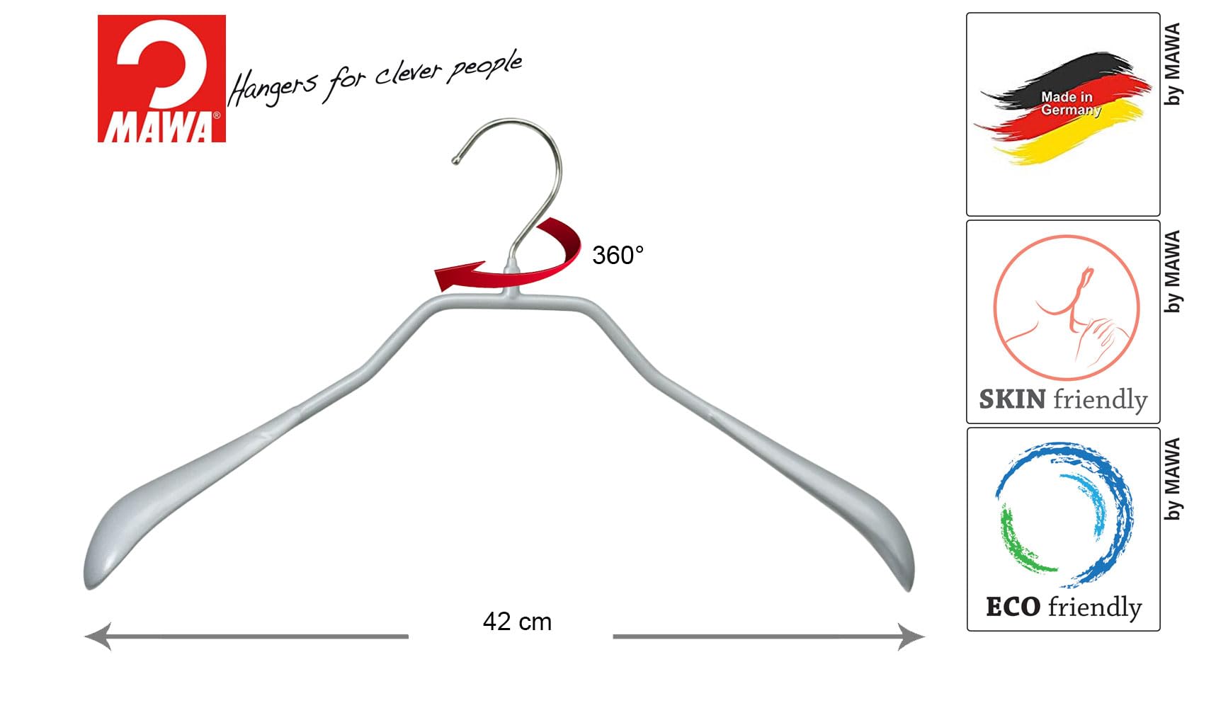 MAWA Lot de 25 cintres en métal moulé - Idéal pour Manteaux, Vestes, Blazers et Costumes - Crochet Rotatif à 360° - Revêtement antidérapant - 42 cm - Argenté
