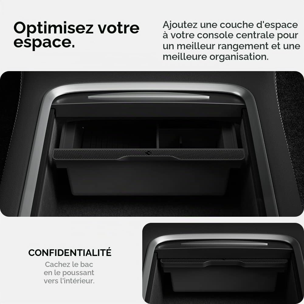 Spigen Tesla Model Y (~2024) Model 3 (2021-2023) Organiseur Console Centrale [Technologie Coulisser], Plateau de Rangement pour Console Centrale, Accessoire Tesla - Édition Carbone