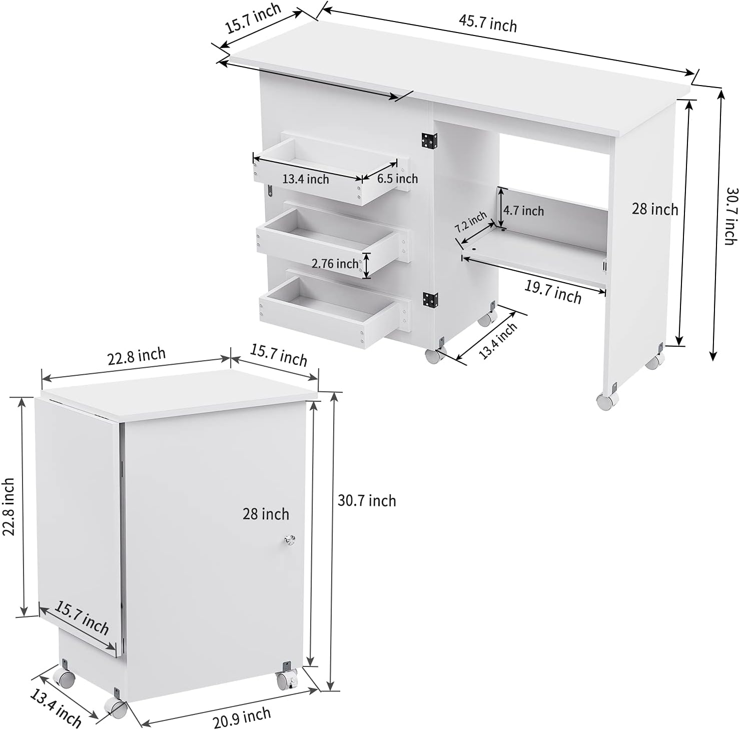 Albott Sewing Table with Storage, Foldable Sewing Extension Table Art Craft Desk with Adjustable Shelf Hidden Bins, Cabinet with Lockable Casters, Open/Fold (White)