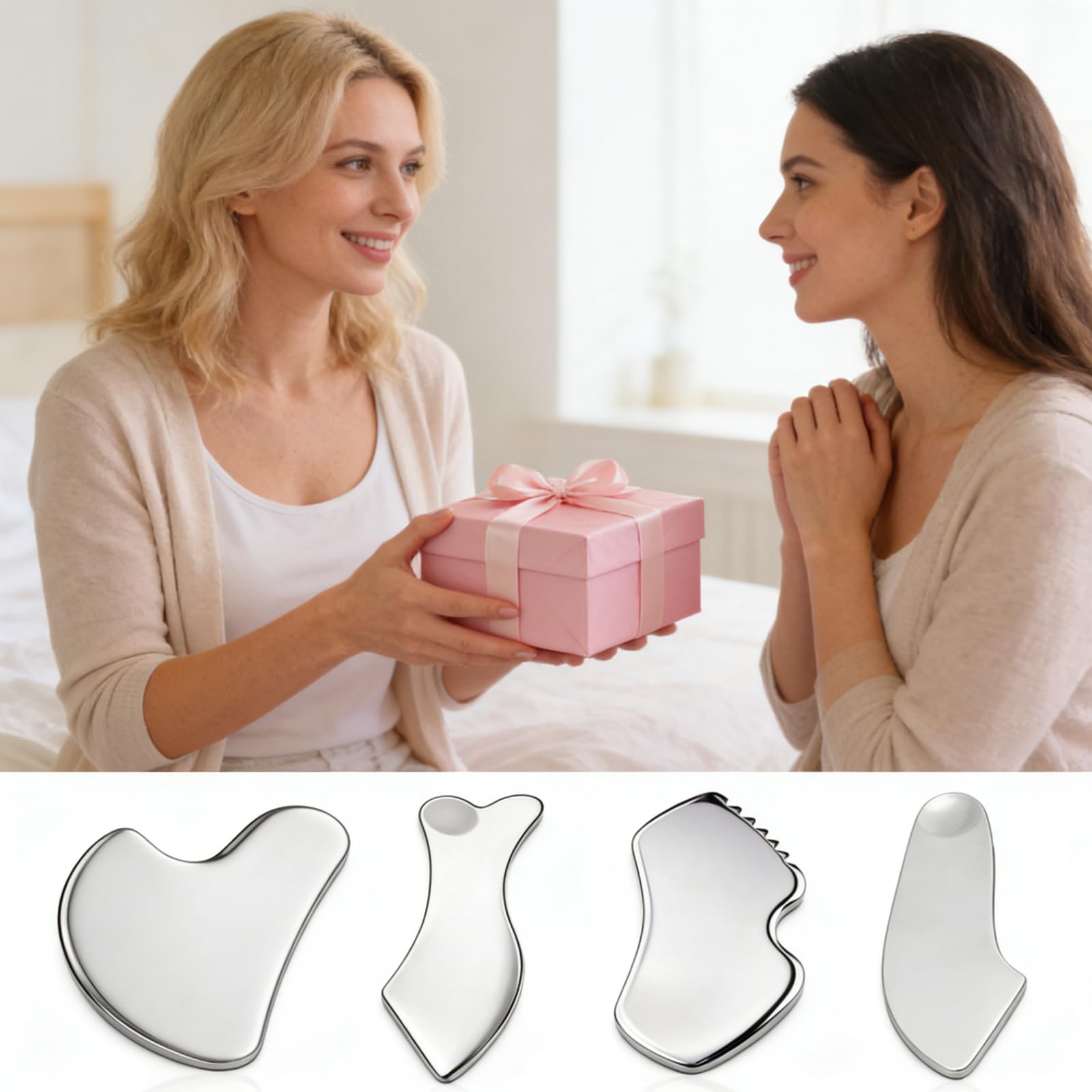 Gua Sha Edelstahl Edelstahl Gua Sha Stein Guasha Scraping Massage Tool 4er-Pack mit Aufbewahrungstasche Hautpflege-Geschenk für Gesicht Augen Hals Körper