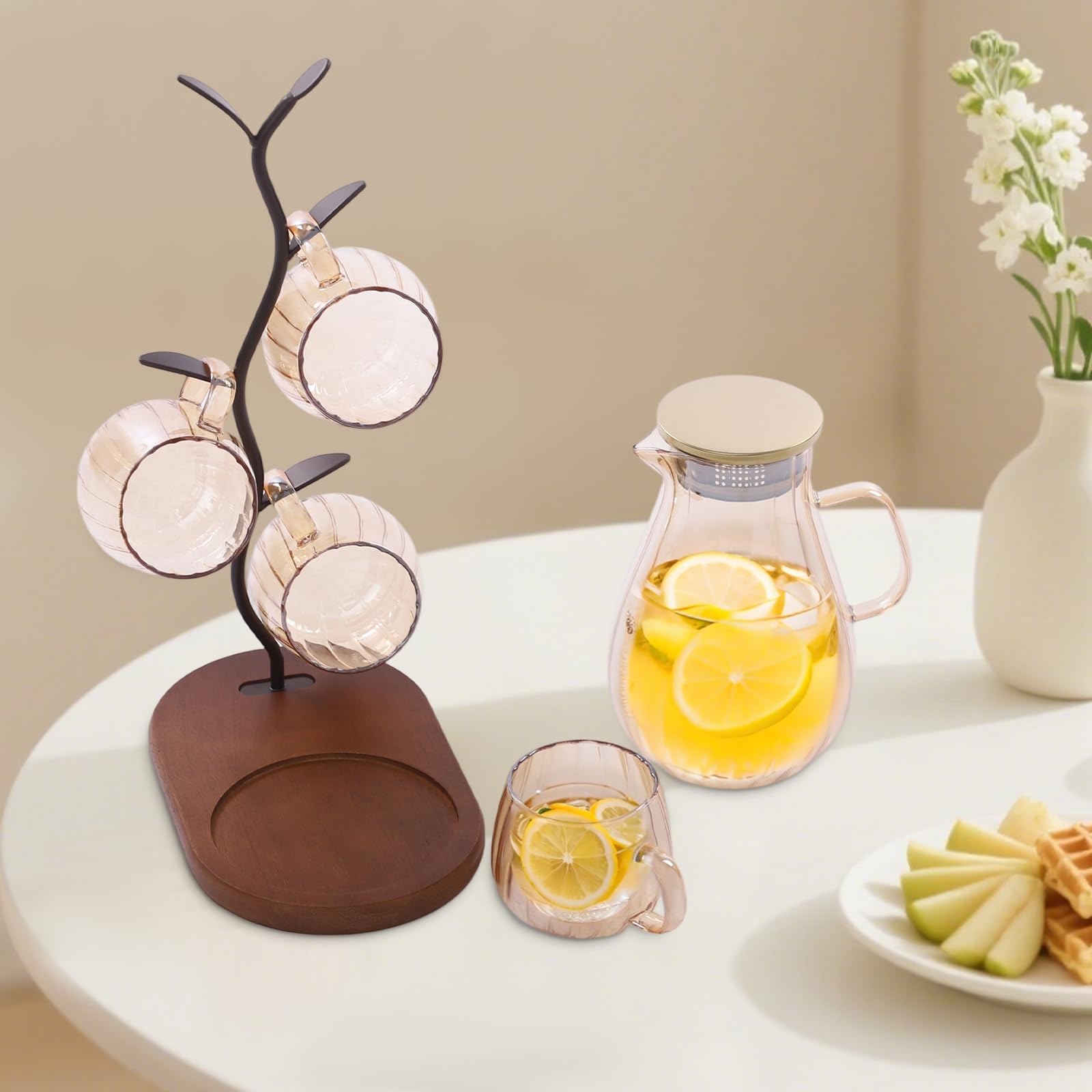 Wasserkaraffe mit Deckel Glaskaraffe mit 4* Tassen & 1 * Rack Klar Glas Karaffe aus Borosilikat & Holz 1,5L