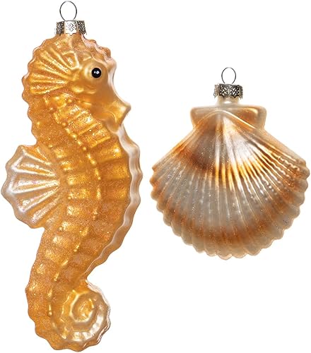Juego de 2 adornos de cristal soplado de caballito de mar y adorno de concha de mar, adornos colgantes de cristal para árbol de Navidad