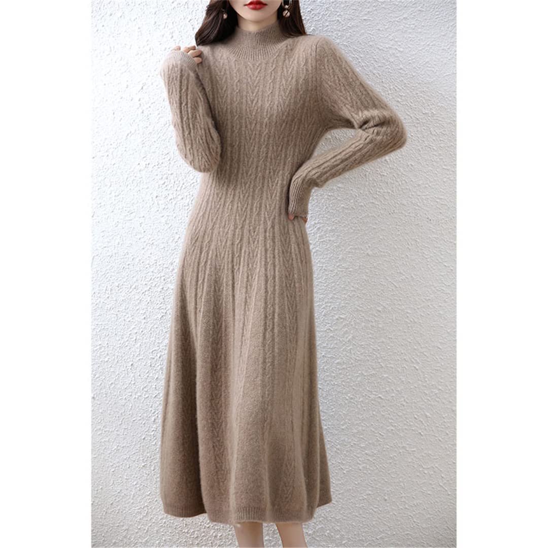 Ruereuu Vestido de mujer Suéter de cachemira Vestido largo de lana merino Cuello alto Falda de oficina