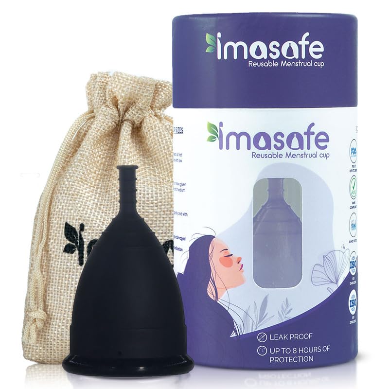 Imasafe Reusable Menstrual Cup for Women | US FDA Registered | 100% Medical-Grade Liquid Silicone |Ultra Soft, Odour & Rash Free Cups - (Sterilizing Red Container + Large Period Cup - Black) 2