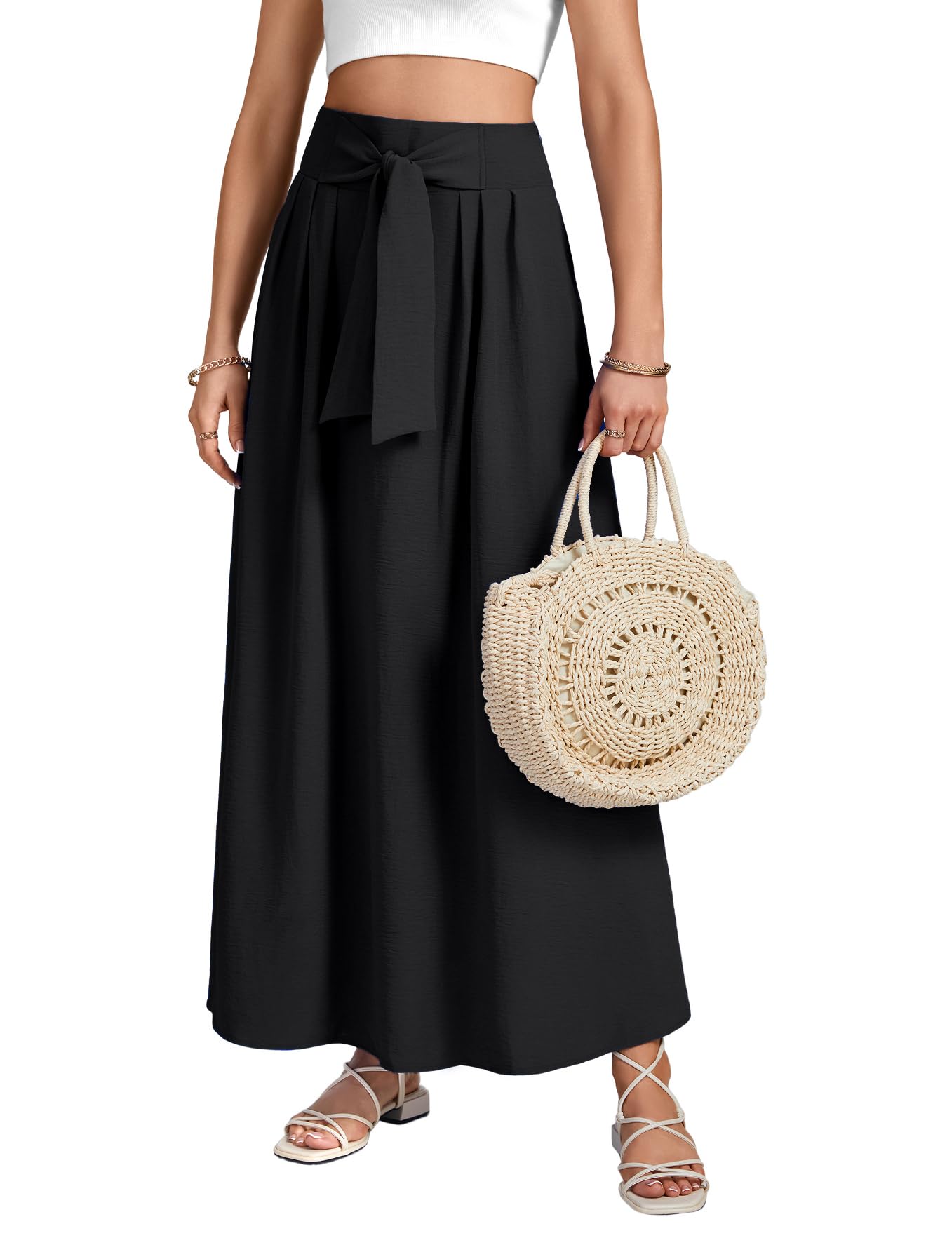 Rooscier Womens Tie Knot Front Pleated A Line High Waist Flowy Long Skirt