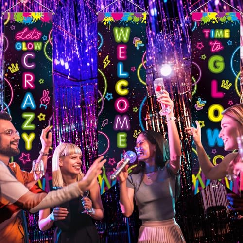 Image of Chiisong 3 Pcs Neon Banner Party Decorations Let's Glow Banner Glow in the Dark Porch Sign Welcome Birthday Porch Sign for Neon Birthday Party Supplies Club Halloween Classroom Decorations