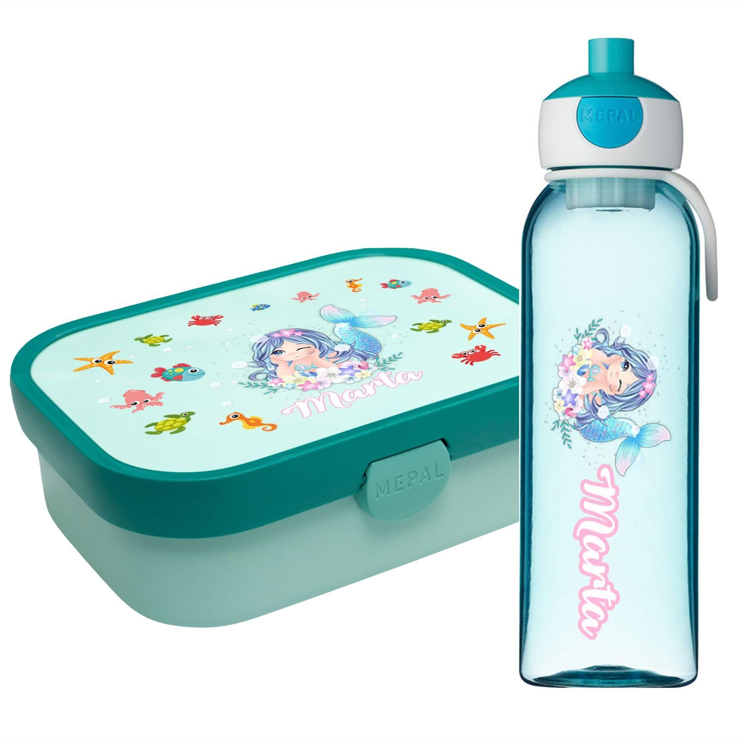 Ferocity Lunchbox Set für Kinder Mädchen zur Schule Personalisiert mit Namen Brotdose Wasserflasche Trinkflasche BPA frei Essen für Unterwegs mit Gabel und Bento Fach To Go Mermaid [153]