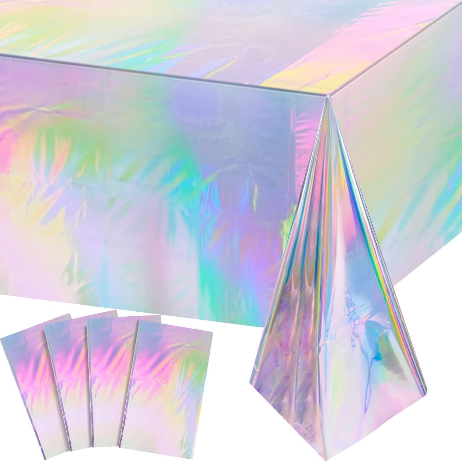 Xspring Rectangle Tablecloth, 4 Pack Holographic Plastic Disposable Table Covers, Shiny Iridescent Foil for Mermaid Kpop Birthday Wedding Party Decorations, 54 x 108 Inches