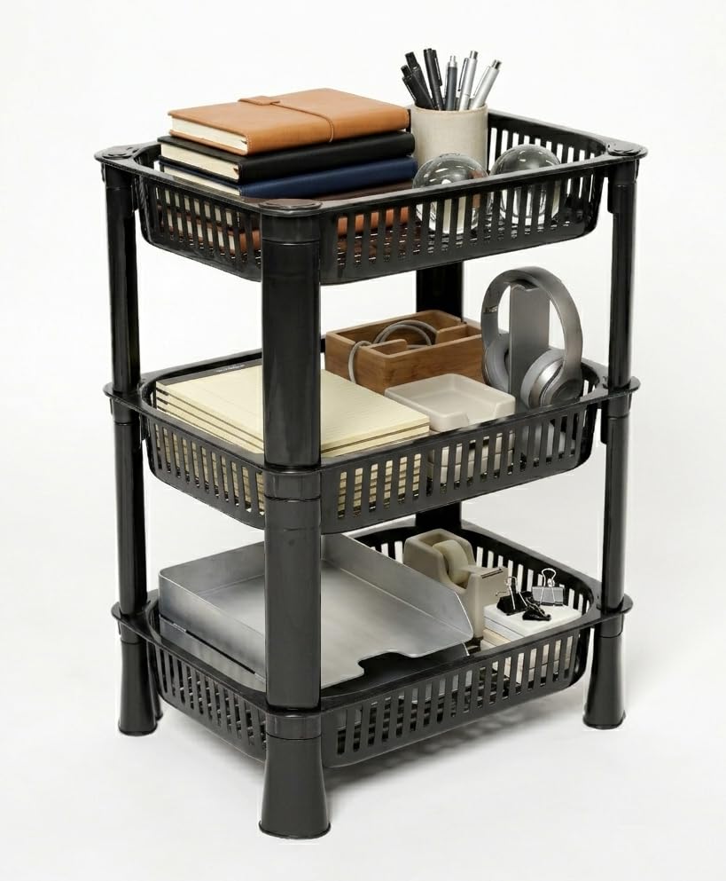 Image of U-Max Multi Tire Kitchen Storage Rack, Plastic Utility Shelf Organiser, Space Saving Storage Solution, Revolving Vegetable Rack (Black-Regular, 3)