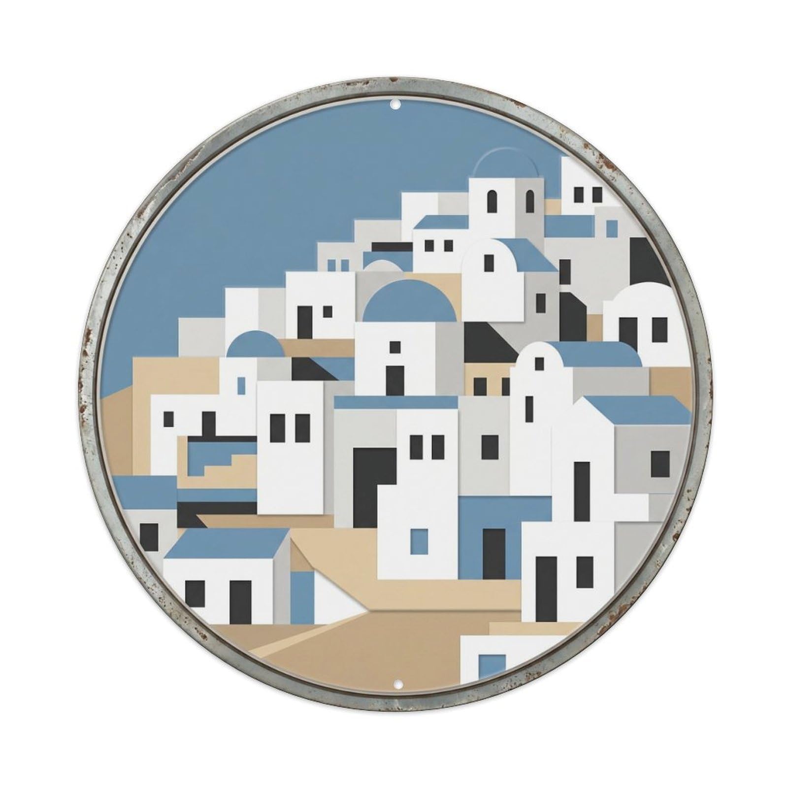 Santorini Layered Island Travel Vintage Metal Tin Sign Plaque Wall Decor for Cafe, Club, Garden Round Metal Poster 8x8Inch