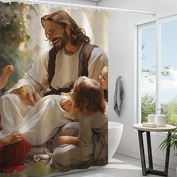 Bible Verse Shower Curtain Laughing with Children Aesthetic Shower Curtains Jesus Christ Laughing Bathroom Curtain GTrendy Kids Laughing Christian Home Decor Nursery Room Decor 72"x72"