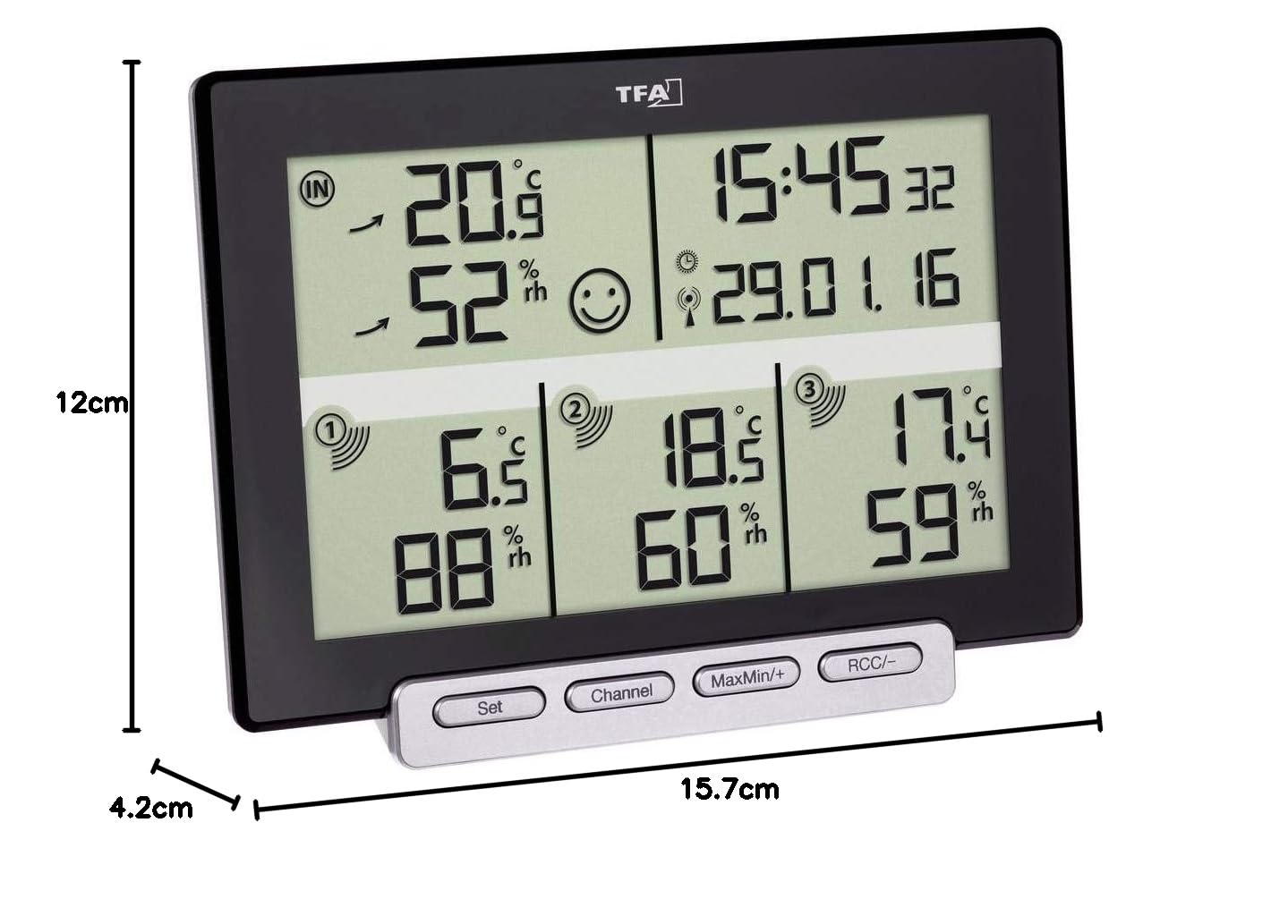 TFA Dostmann Termo-igrometro radiocontrollato Digitale Multi-Sens, 30.3057.01, Temperatura e umidità Ambientale ed Esterno, con 3 sensori Esterno, Livello di Comfort, Nero