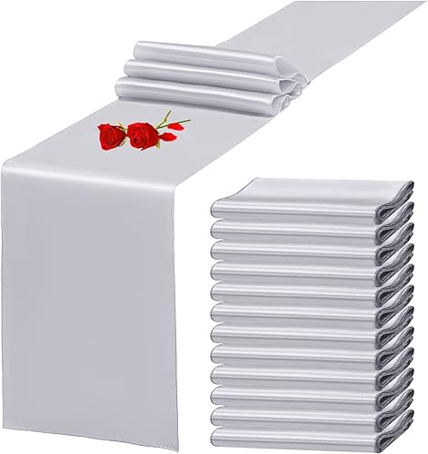 Paquete de 12 caminos de mesa de satén plateado de 12 x 108 pulgadas de largo, para decoración de bodas, fiestas, eventos, fiestas de cumpleaños,