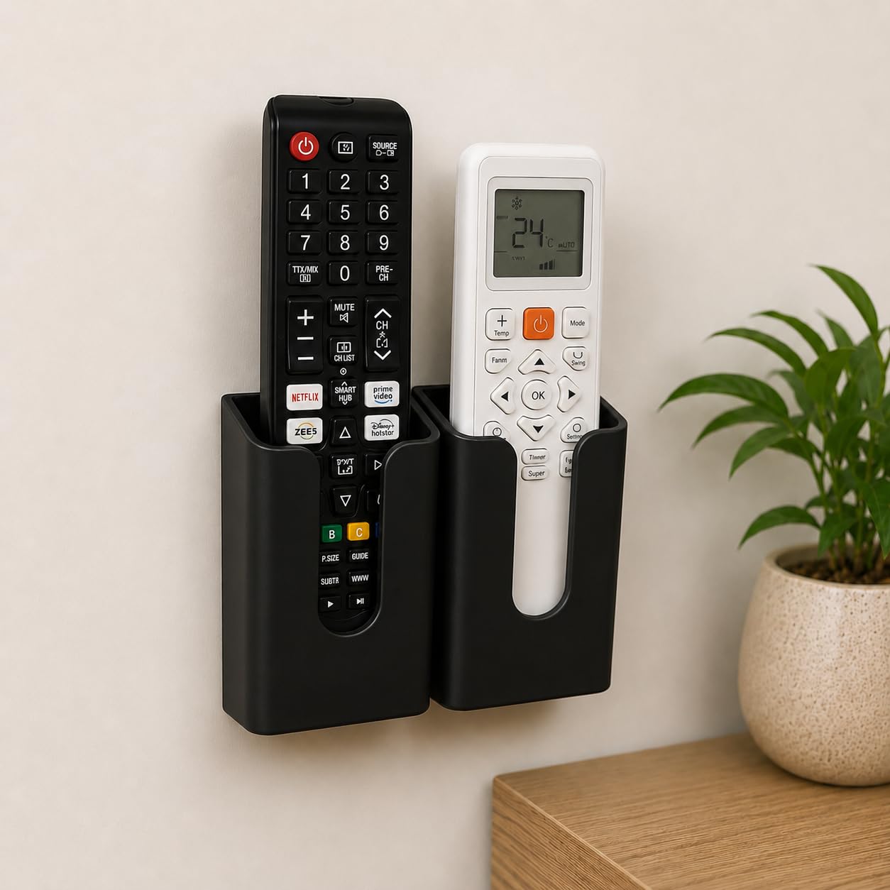 remote holder wall mount, self adhesive remote holder stand for tv & ac remote, wall mounted remote control holder, plastic wall organizer for living room, bedside, table, office, no drill (black)