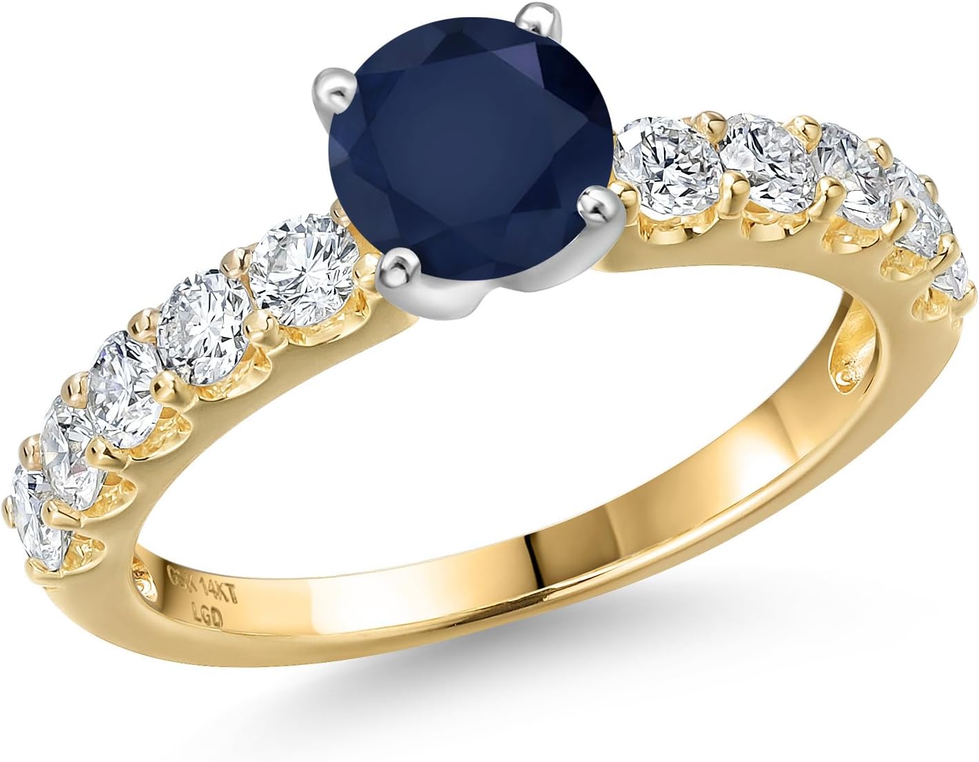 Gem Stone King 14K 2 Tone Gold Blue Sapphire and Lab Grown Diamond Engagement Ring For Women | 1.25 Cttw | Round 5MM | Gemstone September Birthstone