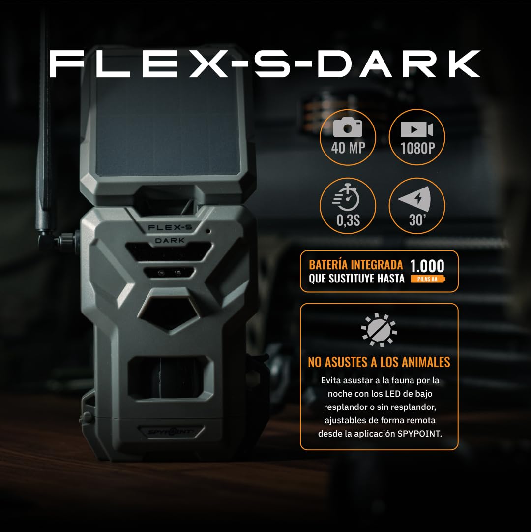 SPYPOINT Flex-S-Dark Cámara de rastreo Solar 4G, Panel Solar Integrado, Fotos 40 MP, Video 1080p con Sonido, visión Nocturna sin Brillo, detección por Movimiento