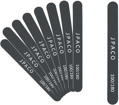12-Pack Professional Nail Files Double-Sided Emery Boards for Natural, Acrylic, Poly, and Gel Nails Washable Black Manicure Tools Set by JPACO 100/180 Grit